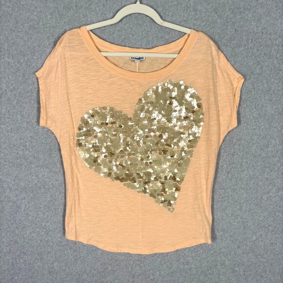 Express Tops - Express Shirt Small Peach Gold Sequin One Shoulder Loose 80s Modal Soft Girl